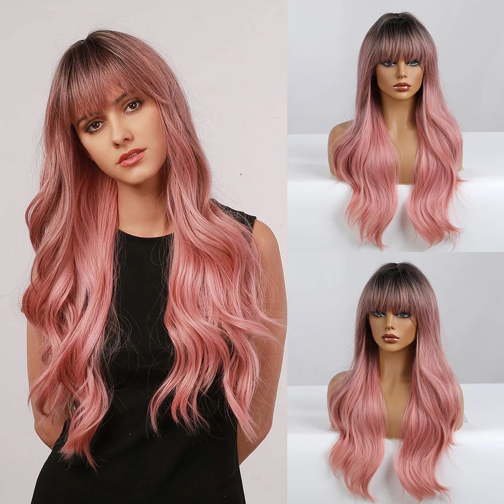 

U.SHINE Long Body Wave Ombre Brown Pink Synthetic Wigs with Bangs Natural Wave for Women Cosplay Natural Wig Heat Resistant