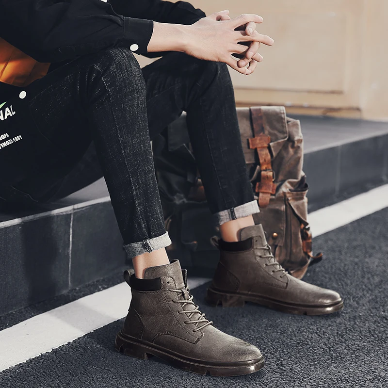 Ботильоны мужские из натуральной кожи мотоциклетные Нескользящие полусапожки