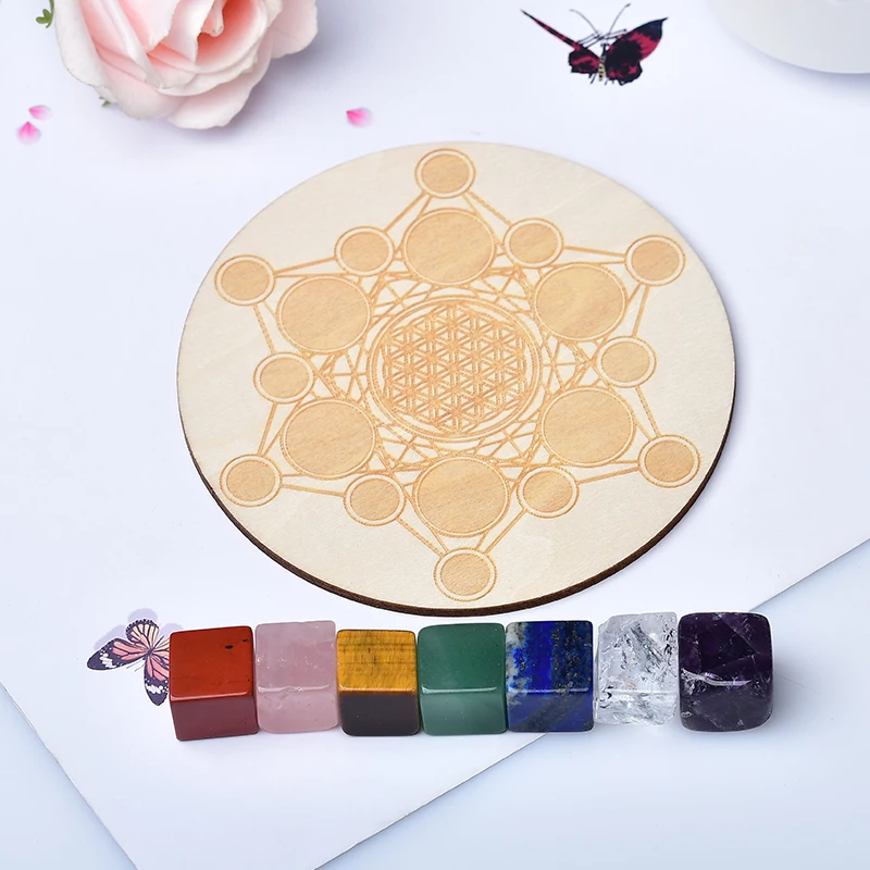 1Set Natural Crystal Stone Cube Mixed Seven Chakra Healing Star Array Wood Plate Yoga Home Decor Gift | Дом и сад