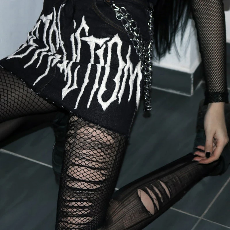 Женская готическая джинсовая юбка Goth Dark черная облегающая мини-юбка с принтом в