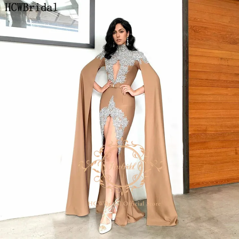 

Champagne Long Sleeves Arabic Evening Dress High Neck Silver Lace Front Slit Sexy Prom Gowns Plus Size Women Formal Dresses
