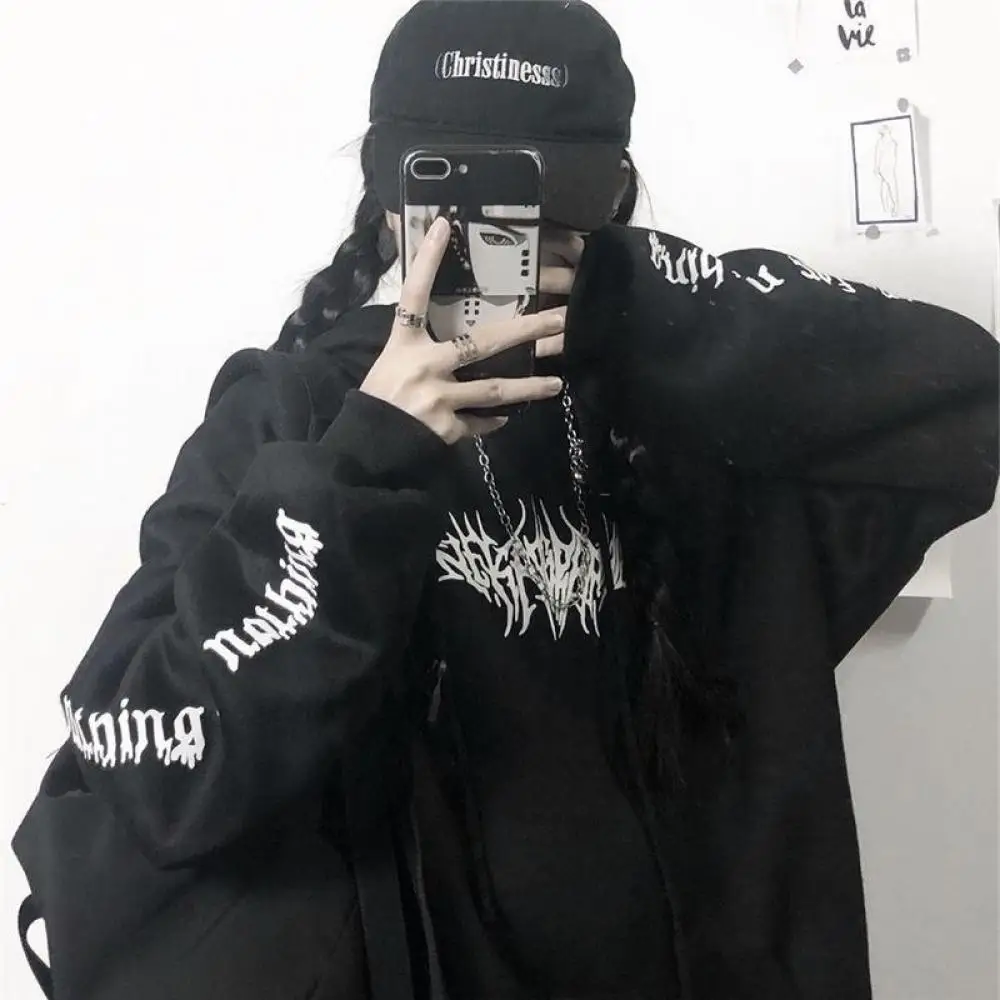 Women Loose Streetwear Black Sweatshirt Knitted Hooded Sexy Print Hoodies Fashion Pullovers Long Hoodie Tops Harajuku | Женская одежда