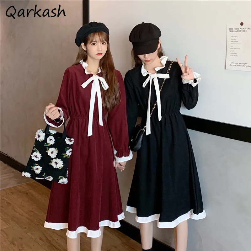 

Dress Women Korean Style Christmas Vintage All-match Sweet Knee-Length Birthday Vestido Mujer Autumn Bow Ruffled Collar Preppy