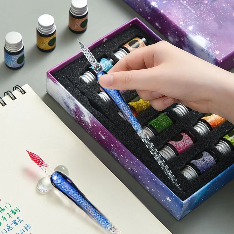 1 Набор Planet Theme Dip Pen 4 цвета набор чернил стеклянная ручка Канцелярия для учеников