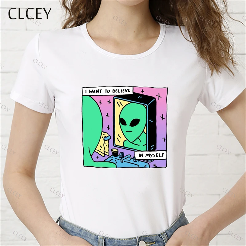 Женская футболка Clcey с рисунком мультяшного инопланетянина радужного цвета