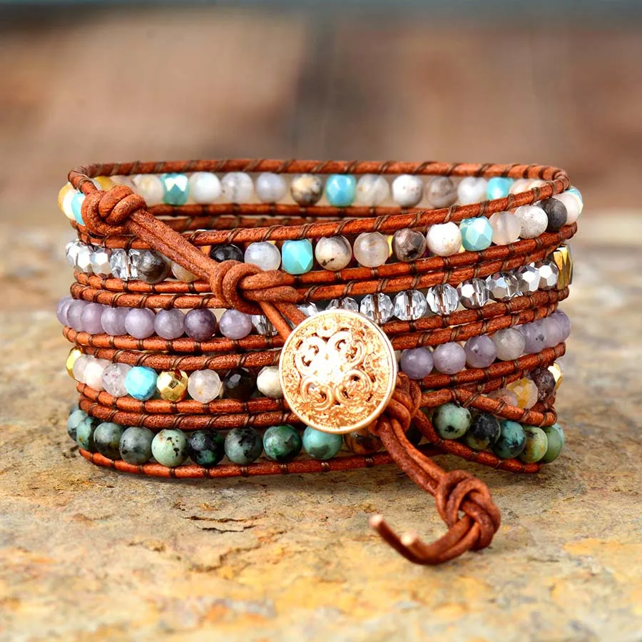Exclusive New Women Boho Bracelets Labradorite 5 Times Leather Strap Woven Wrap Beads Bracelets Femme Dropshipping