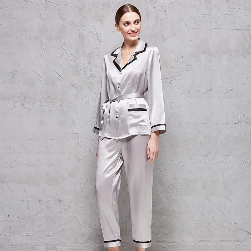 Maison Gabrielle Classic Trimmed Silk Pajamas Set 100% Pure Mulberry Silk Charmeuse 2 Pieces Long Sleeve Loungewear for Women