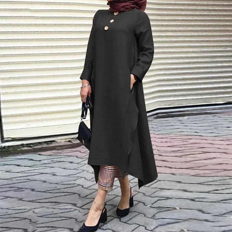 

Vintage Muslim Women's Irregular Long Top Dress 2020 Autumn Abaya Midi Dress Long Sleeve Vestidos Female Solid Button Robe 5XL