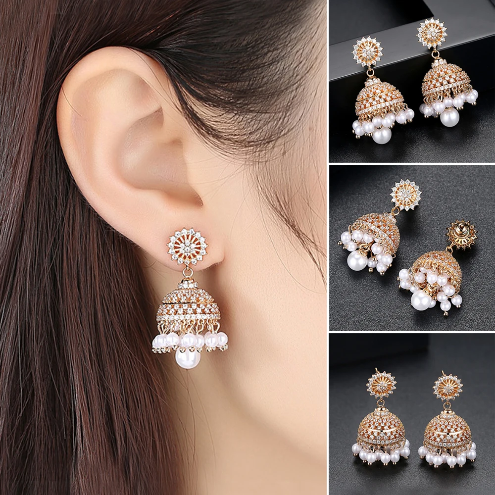 

Fashion Zircon Beads Indian Jhumka Jhumki Drop Earrings Women White Crystal Party Jewelry Gifts Ethnic Gypsy Small Bell Earring