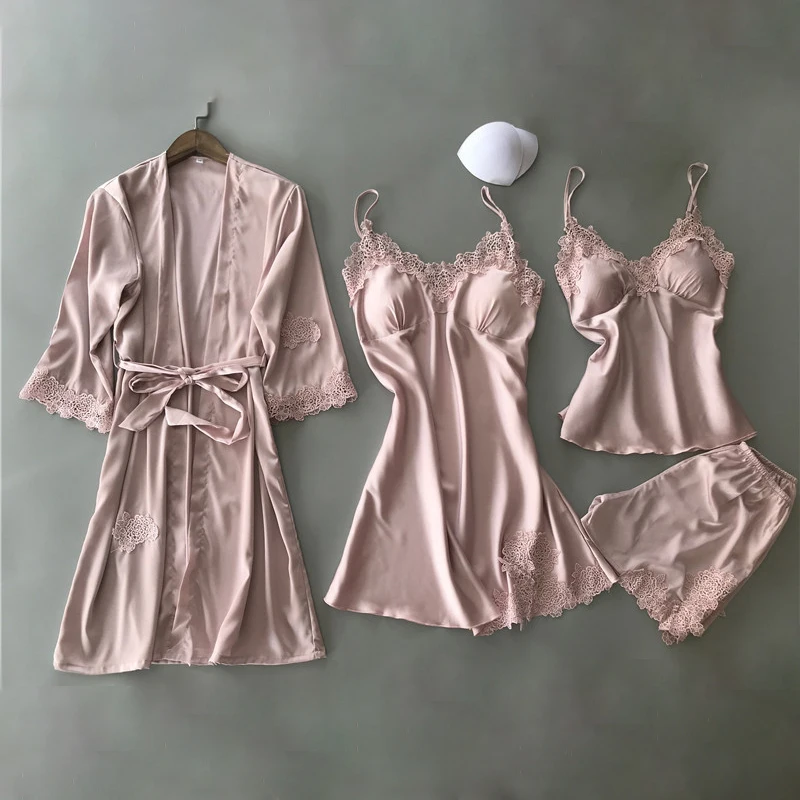 

2021 Sleepwear Female 4PCS Pajamas Set Satin Silk Pyjamas Lace Patchwork Bridal Wedding Nightwear Homewear Nighty Robe Pants Set