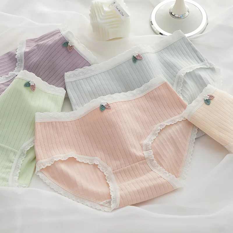 

2022 High Quality Solid Panties Cotton Briefs Striped Underwear 6pcs/lot Underpants Lace Girl Lingerie