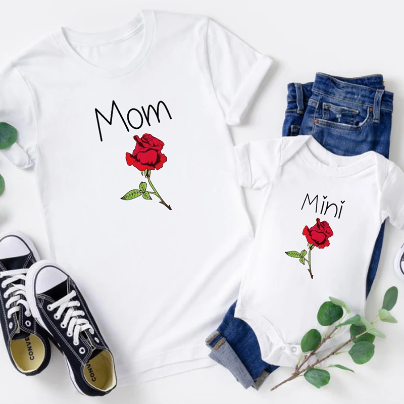 Ropa a juego para madre e hija, Mini camiseta rosa, camiseta de flores para beb&eacute;, ropa de manga corta, Top bonito de verano-4
