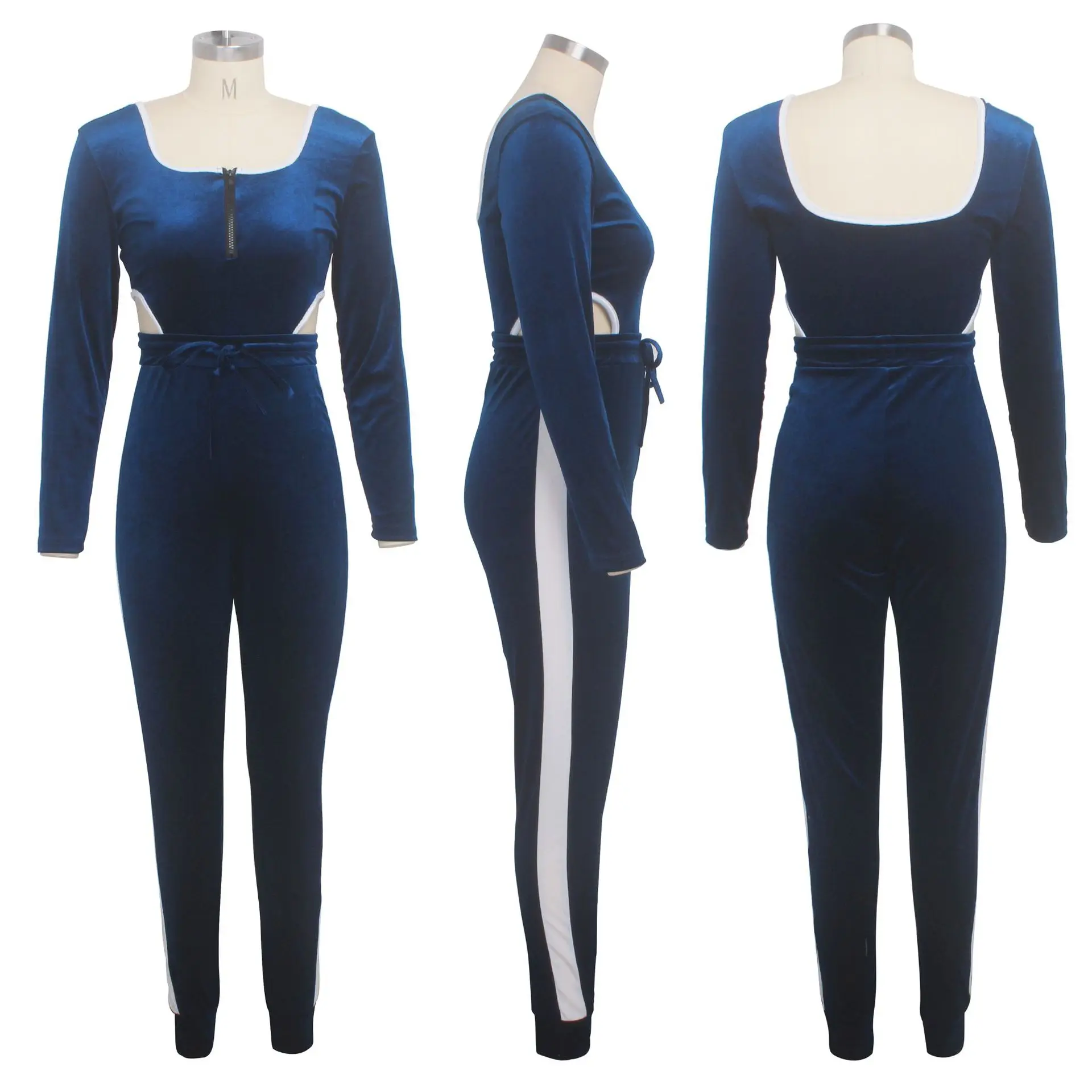 Женский бархатный комбинезон в полоску уличном стиле с длинным рукавом и