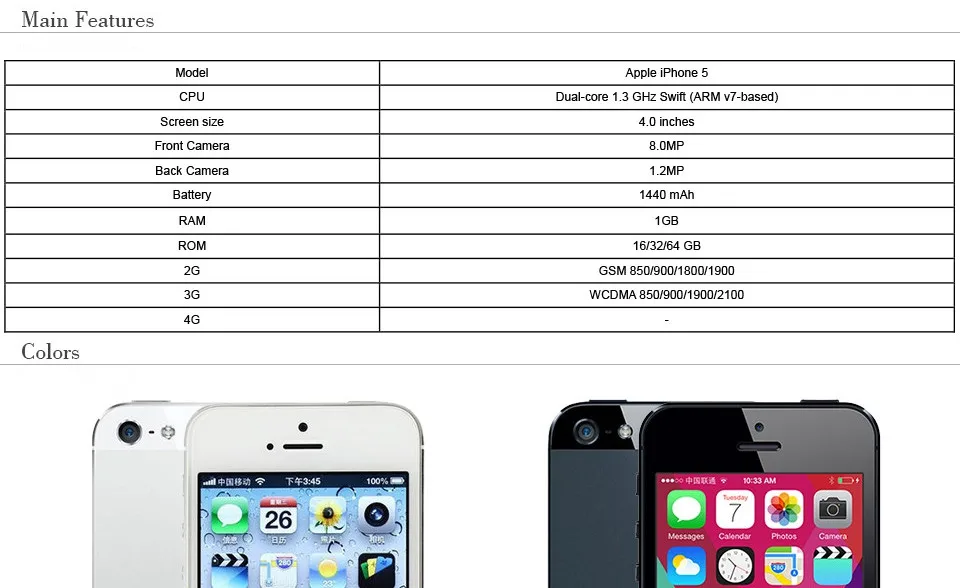 iPhone 5 разблокированный мобильный телефон 16 Гб/32 ГБ/64 Гб ПЗУ двухъядерный 3g 4,0 дюйма 8MP камера iCloud wifi gps IOS OS сотовые телефоны