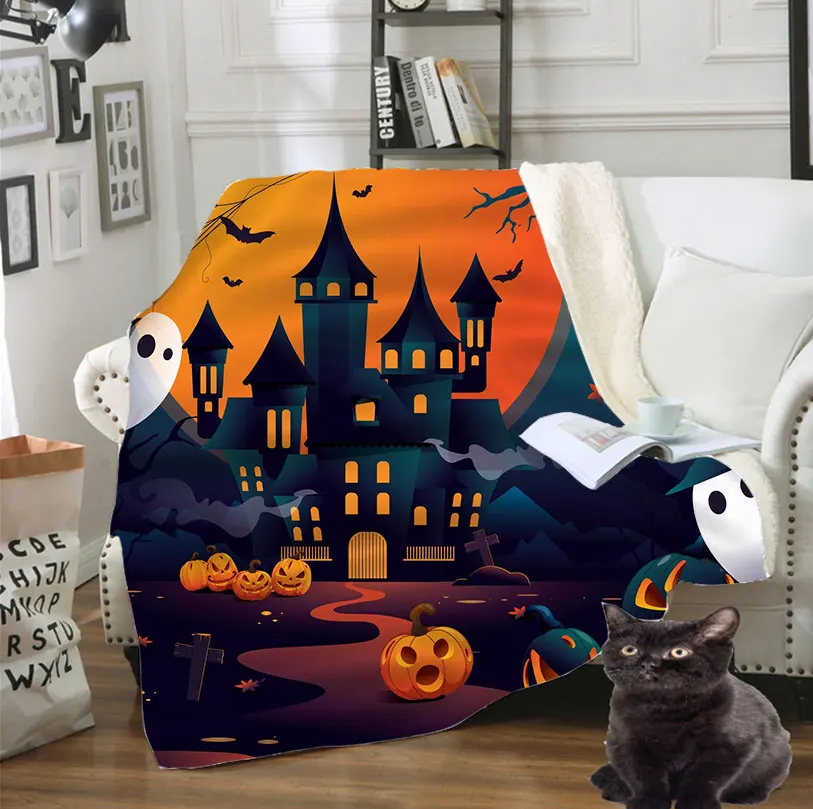 

SONSPEE 3D Print Horror Pumpkin Lanterns Ghost Witch Halloween Pattern Sofa Bed Chair Rest Bedding Blanket Thin Home Curtains