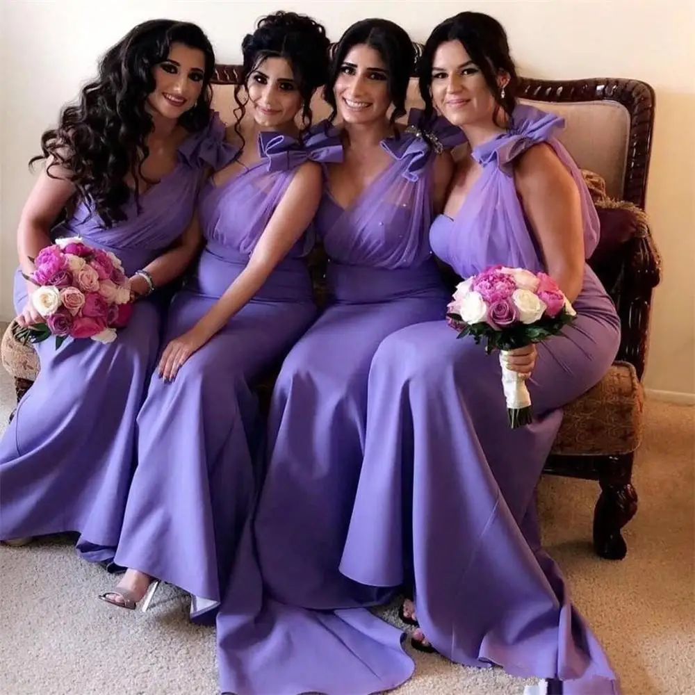 

Modest Lavender Mermaid Bridesmaid Dresses Ruched One Shoulder Beaded Maid Of Honor Gowns Satin Wedding Guest Dress