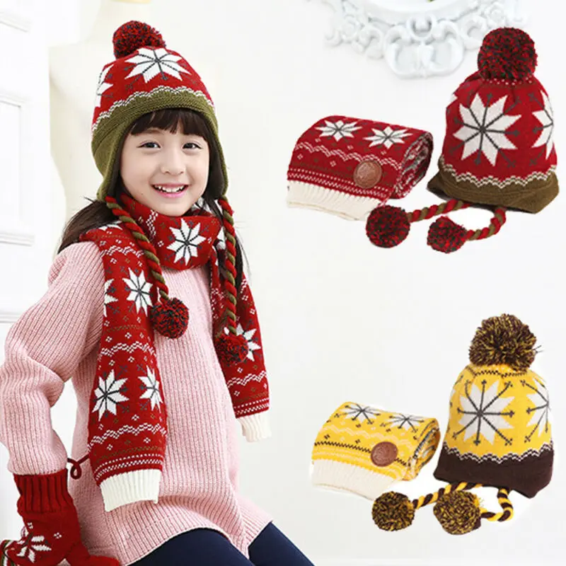 

2PCS Kids Boys Girls Beanie Hat and Scarf Children 4-12T Warm Winter Earmuffs Snowflake Pattern Cap New