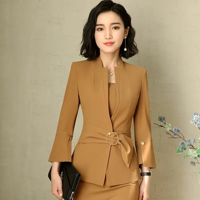 New Fashion 2023 Women Bodycon Sleeveless Dress Suit Blazer Jacket Dresses Sashes Two Piece Set Office Ladies Outfits Uniform