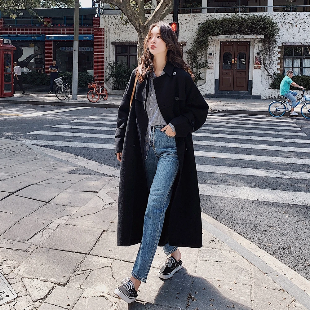

2020 Classic Overcoat Cloak Heavy Woolen Coats Woman Loose Lapel Sashes Outerwear Winter Vintage Lady Long Wool Woolen Coats N8