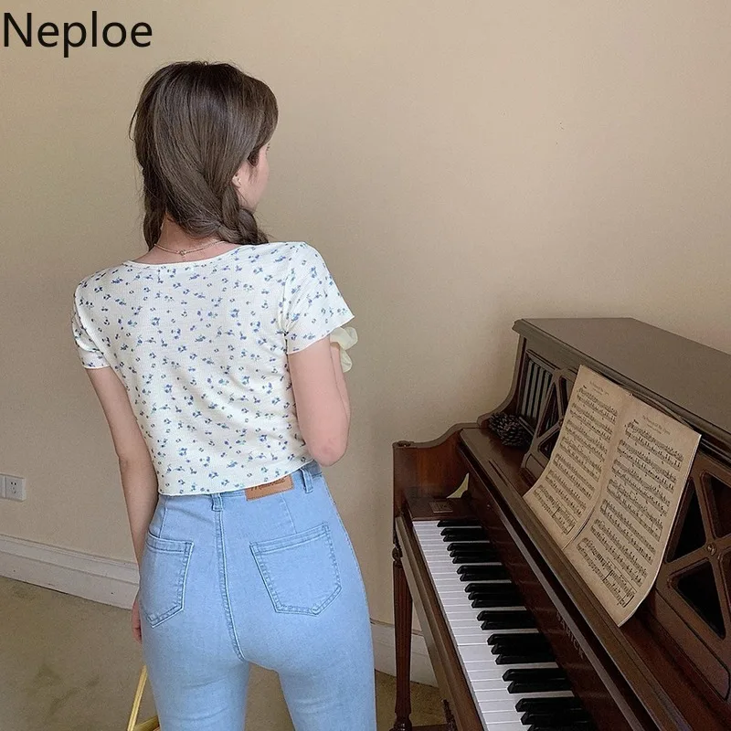 Женская трикотажная футболка Neploe с цветочным принтом милые женские топы круглым