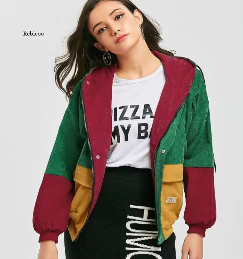 

2021 Korean College Style Student Bf Loose Color Matching Hooded Baseball Uniform Corduroy Tooling Jacket Women