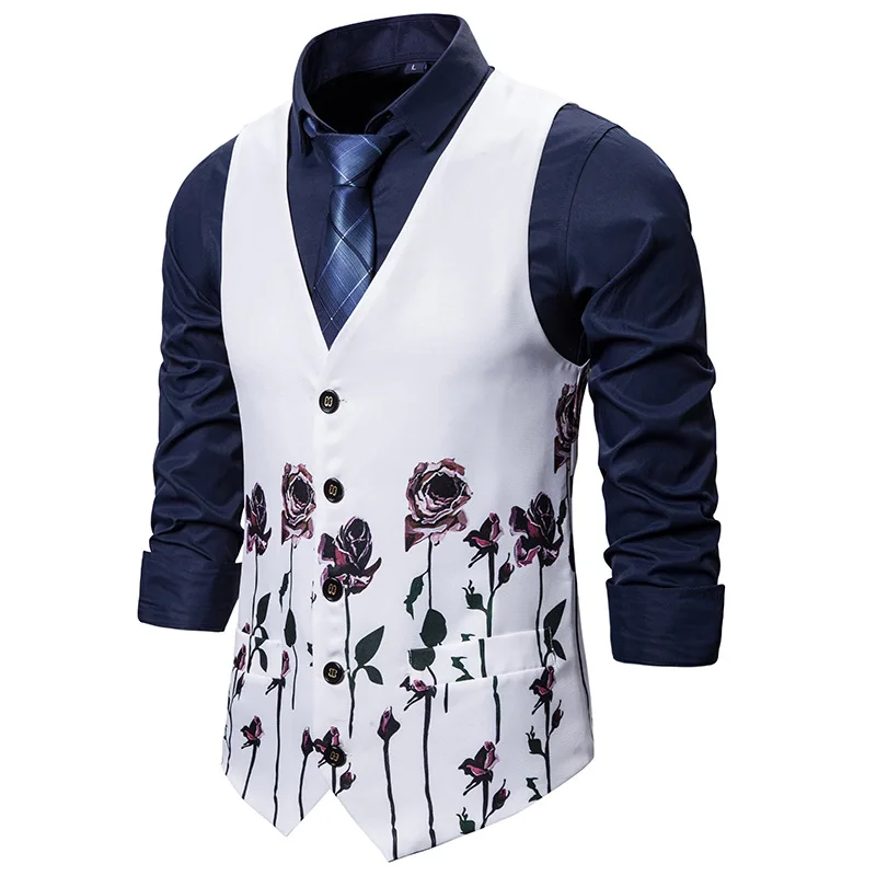 

Mens Slim Fit Single Breasted Suit Vest Chaleco Hombre 2021 Fashion Rose Floral print Waistcoat Men Formal Wedding Dress Vests