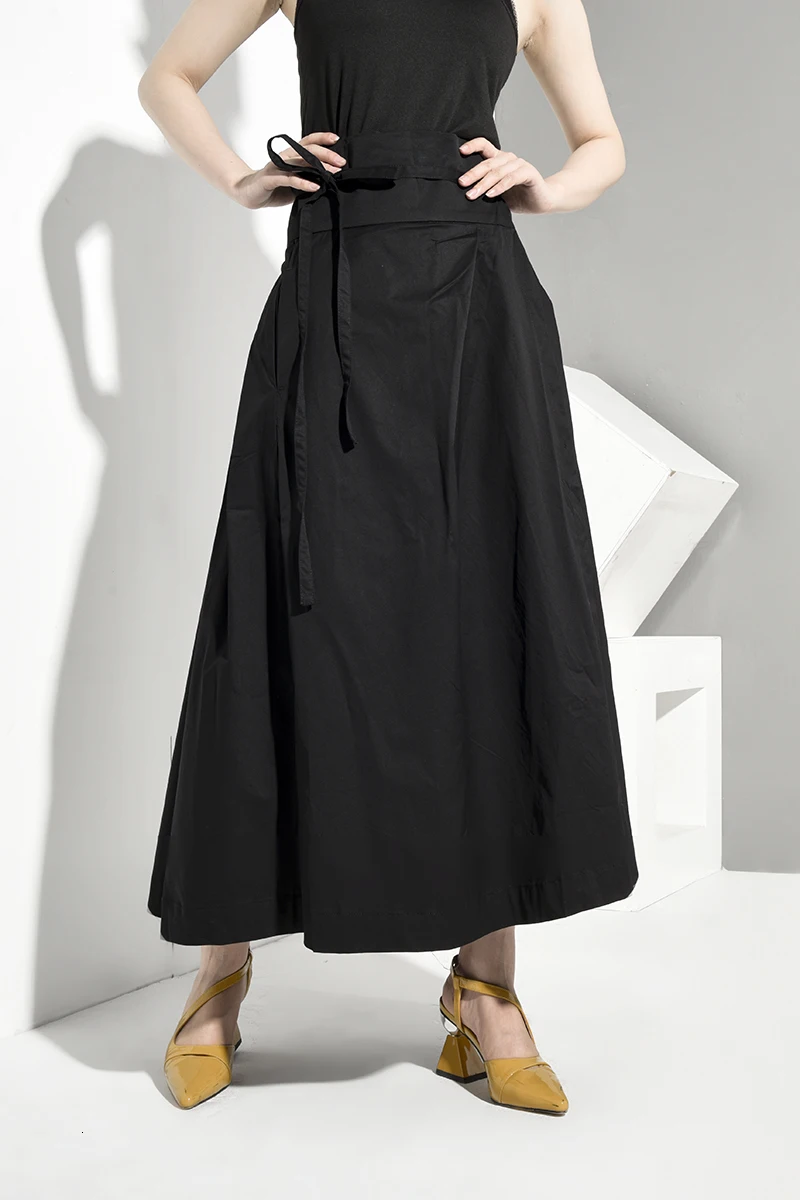 [EAM] High Waist Black Bandage False Two Spliced Loose Half-body Skirt Black Women Fashion Tide New Spring Autumn JR4780