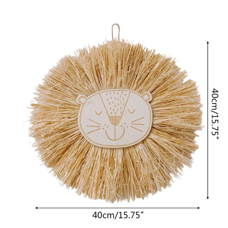 

Nordic Style Weaving Straw Wall Pendant Hand Woven Cartoon Wooden Animal Head Ornaments Children Room Hanging Decora