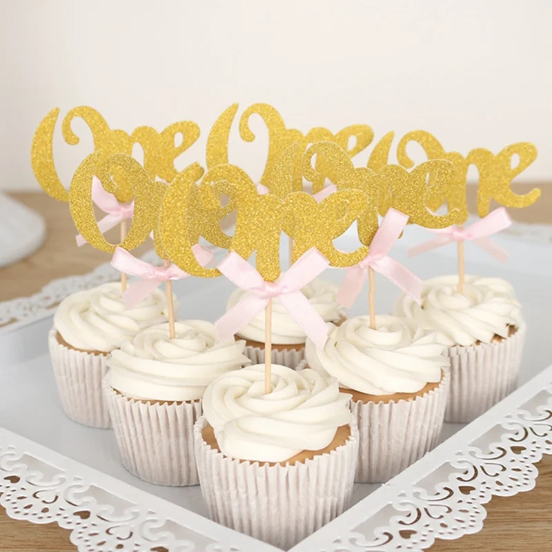 Со сверкающими золотистыми один бант для капкейка 1st торт ко дню рождения