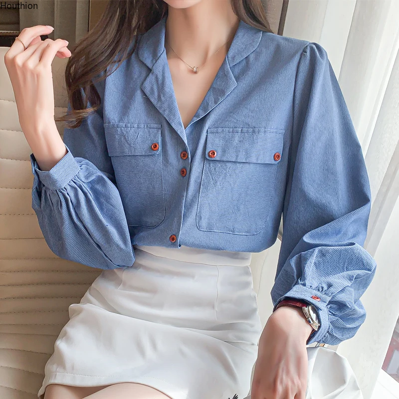 

Houthion Women's Blouse Stripe Shirt New Long-sleeved Fashion Tops Summer Korean Casual Blended Office Lady Blusas