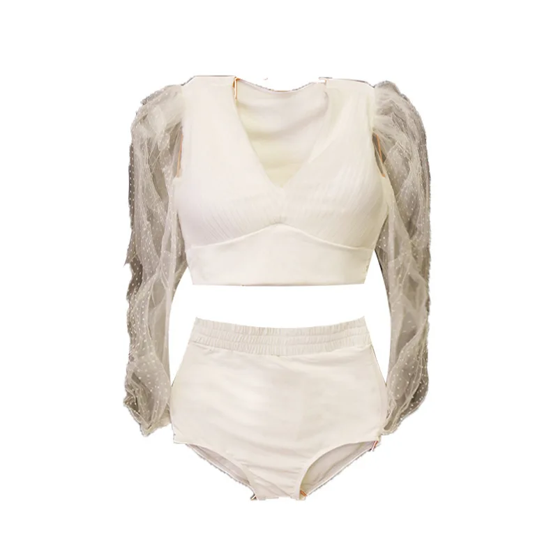 

Swimsuits Woman Swimwear Women Tankini Women's For Girl Bikini Female White Hubble Bubble Long Sleeve Cover High Waist Swim
