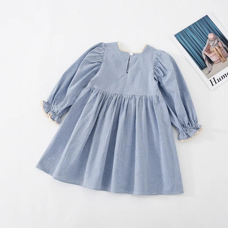 

MILANCEL 2021 Autumn Girls Clothes Korean Vintage Lace Trim Plaid Long Sleeve And Bib Dress