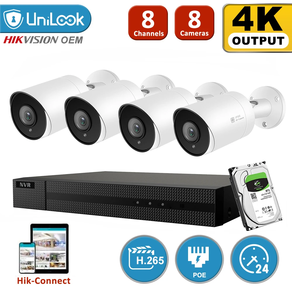 

UniLook 8CH NVR 4Pcs 8MP 4K Bullet POE IP Camera POE NVR Kit Security System Night Vision Motion Detetcion H.265 P2P View