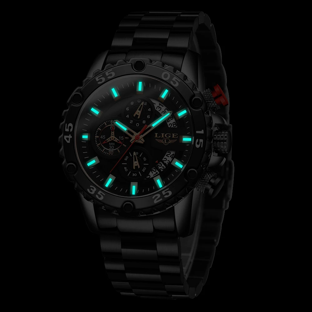 

2020 LIGE Quartz Wrist Watch Man Fashion Black Mens Watches Top Brand Luxury All Steel Watch For Men Military Sport Chronograph