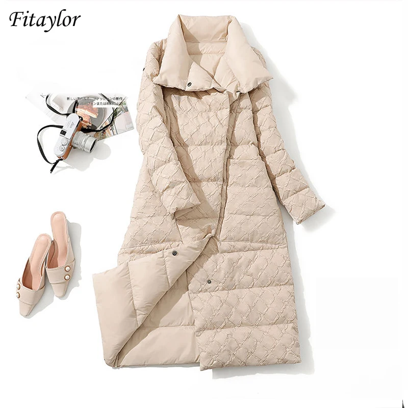 

Fitaylor 2021, зимняя двухсторонняя длинная куртка с перьями, Женское пальто на 90% белом утином пуху, теплая клетчатая плотная парка, зимняя верхня...