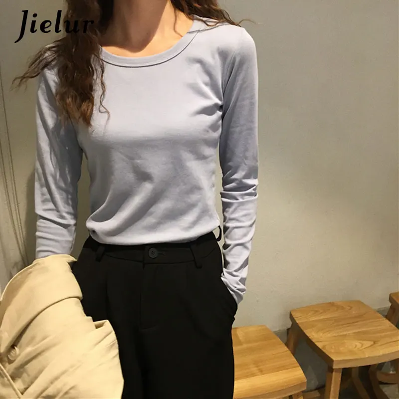 Jielur 6 Solid Color Harajuku Long Sleeve Crop Top Autumn Winter Slim Basic Tshirt Women All-match Purple Korean T Shirt Femme | Женская
