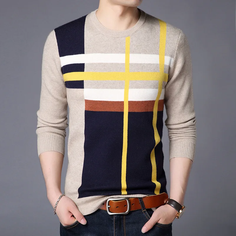 

Men's Sweater 2021 Fall/Winter mens Brand Fashion Business Casual Striped Long Sleeve Round Neck Knitted Pullover Base Sweater
