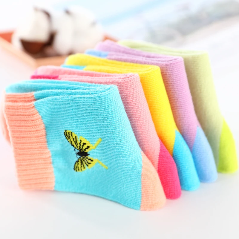 Calcetines de algod&oacute;n con estampado de mariposas para ni&ntilde;a, medias de colores pastel, de 1 a 16 a&ntilde;os, 5 par/lote-5