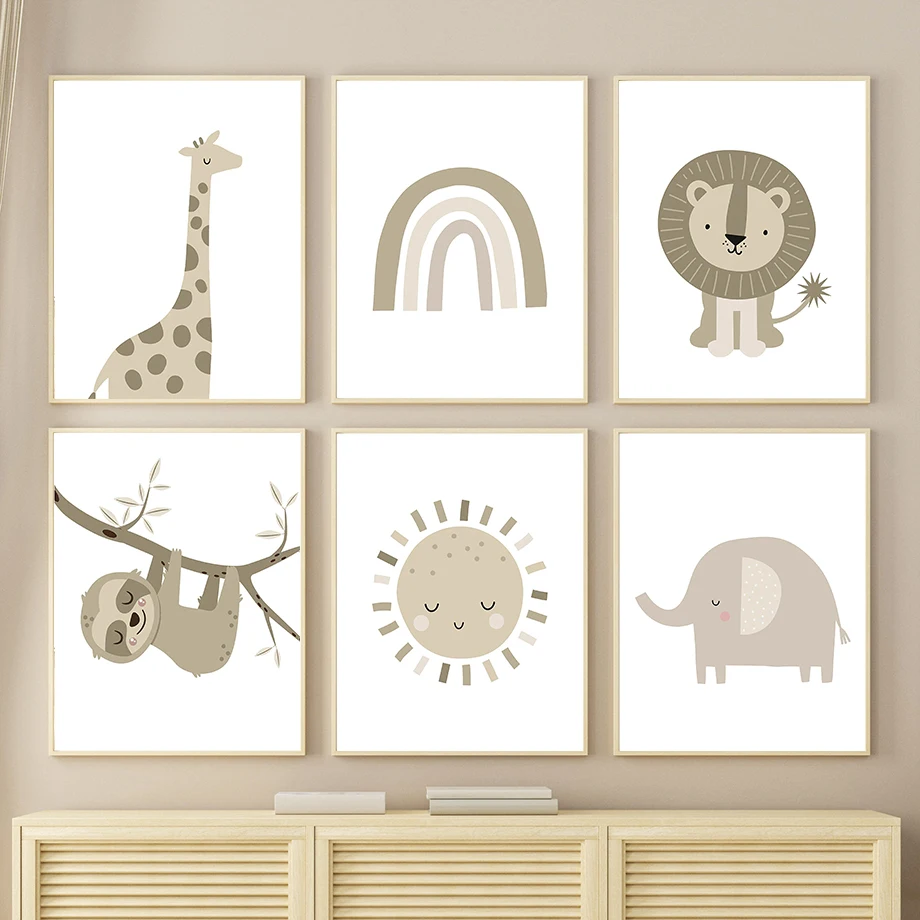 

Lion Giraffe Elephant Sloth Sun Rainbow Nordic Posters and Prints Wall Art Canvas Painting Cartoon Wall Pictures Kids Room Decor