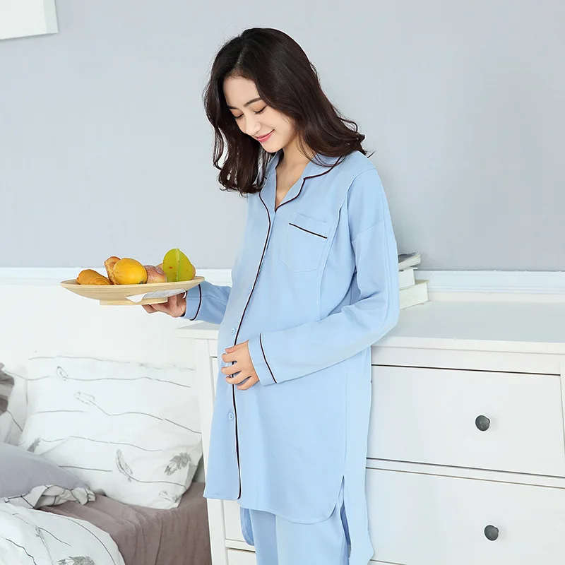 Халат для беременных хлопковая ночная рубашка с длинным рукавом Однотонная