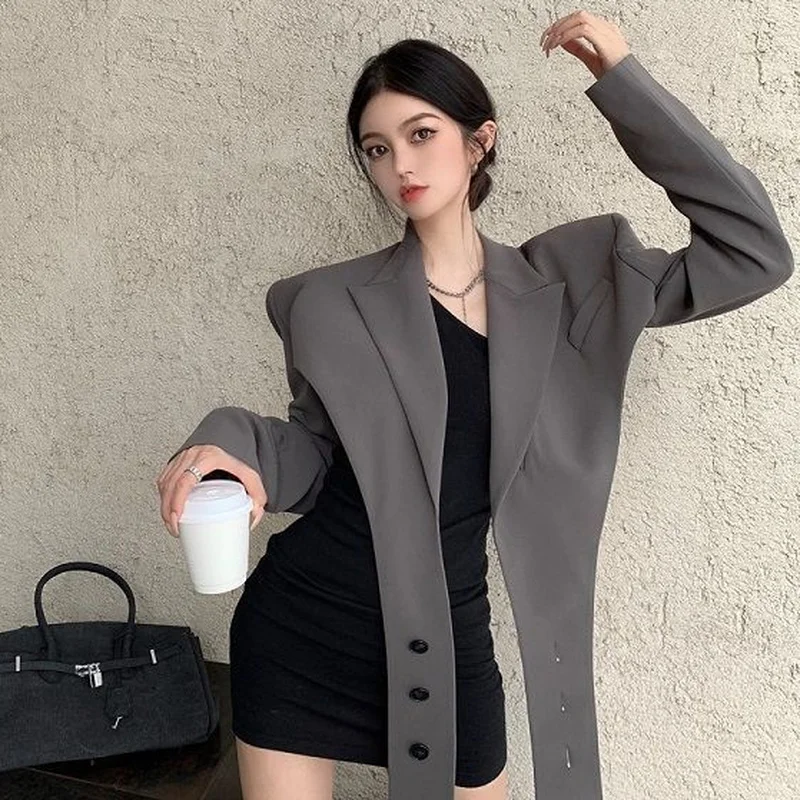 

Women Pop Sexy Backless Grey Vintage Fashion Chic Korean Blazers Elegant Long Sleeve Blazer Outwear Notched Streetwear All-match