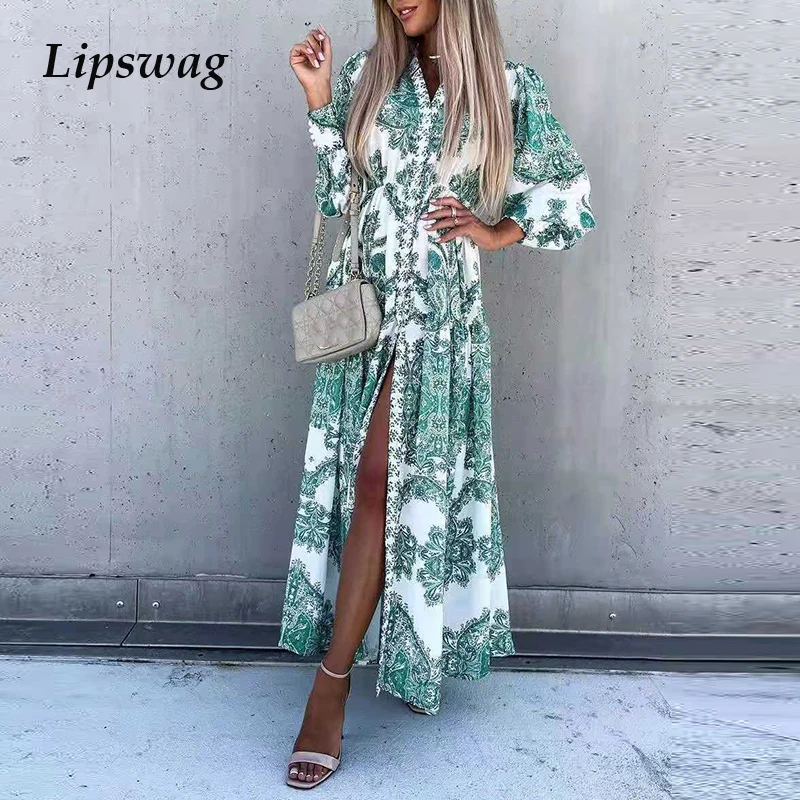 

Sexy Deep V Neck Printing Hem Maxi Dress Women Elegant Button Elastic Waist Long Party Dress 2021 Summer Loose Slit Beach Dress