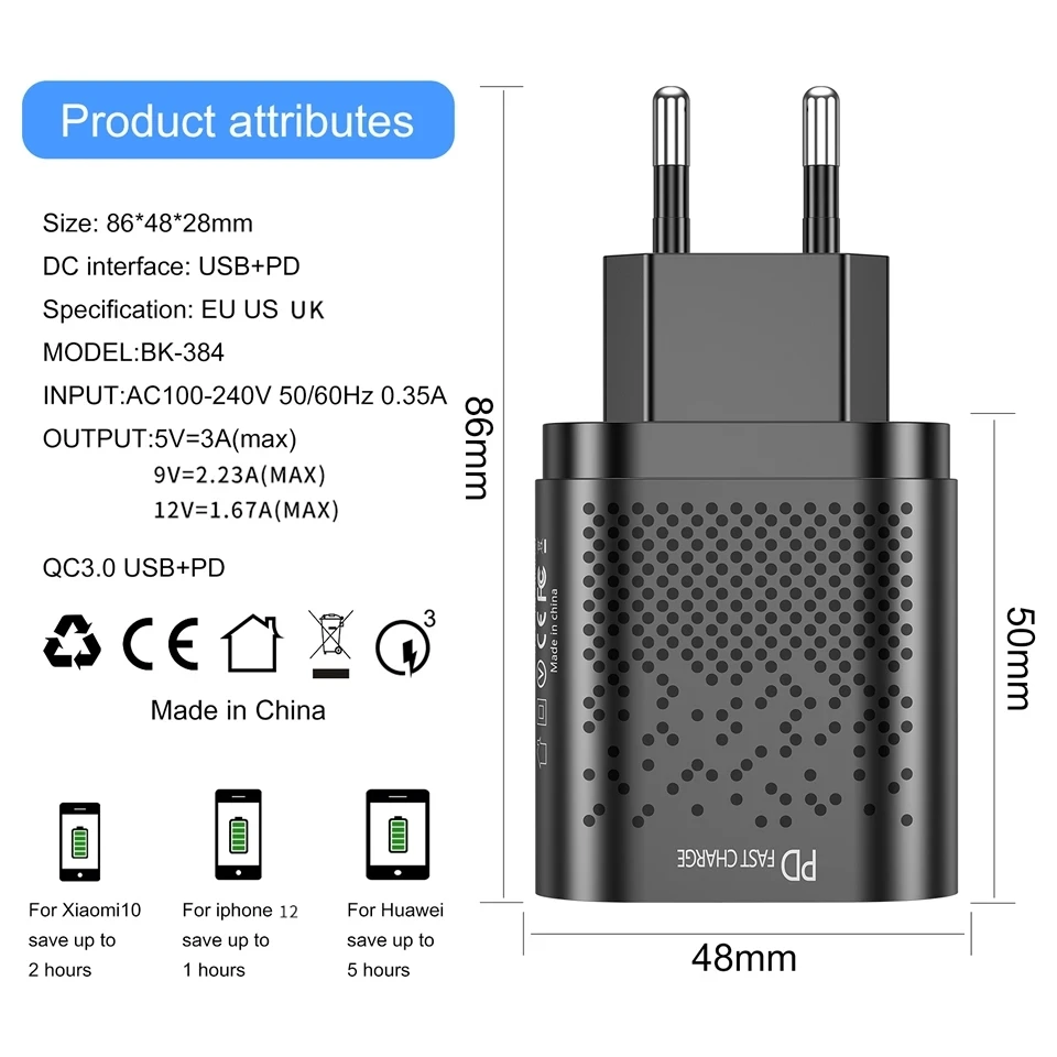

PD20W QC 3.0 USB Charger Adapter EU/U.S./UK Plug For iPhone X max 7 8 Portable Fast Xiaomi Wall-Mounted Mobile Phone Charger