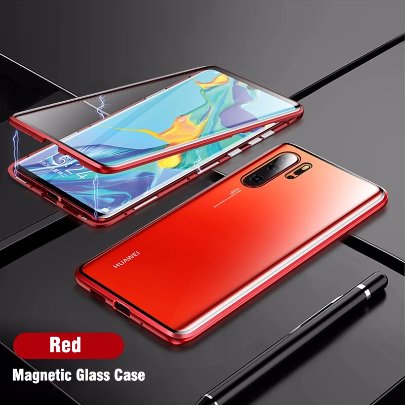 Red Double Glass Магнитный поглощающий металлический флип-чехол для телефона huawei P30 P30Pro P30Lite, двусторонний чехол из закаленного стекла huawei P30 Pro Lite, сумка - Цвет: Red Double Glass