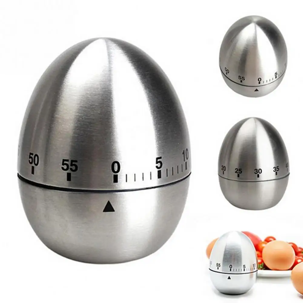 

Kitchen Baking Reminder Portable Metal Timer Stainless Steel Anti-slip Bottom 60 Minutes Egg-shaped Manual Reminder for Cooking