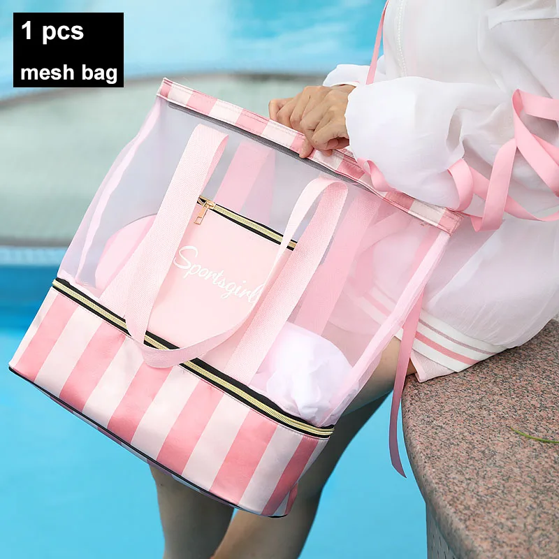 Pink 1pcs Women Men Beach Backpack Drawstring Mesh Net Summer Swimming Bag Swim Rucksack Waterproof Bolsa Deporte Outdoor Sport XA164D - Цвет: Pink 1pcs