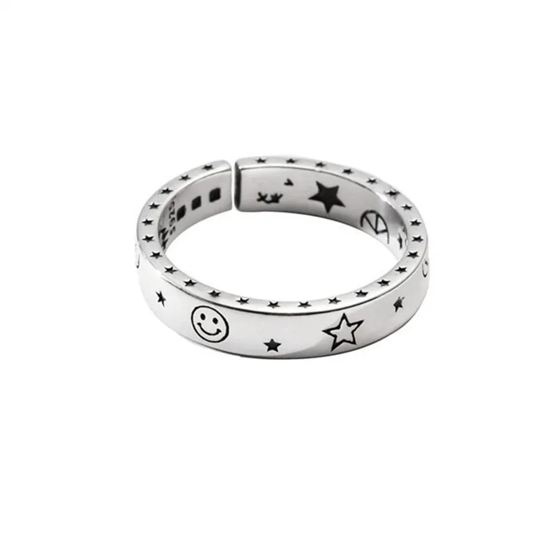 

Literature Style Silver Cute Star Moon Rings 925 Cute Cartoon Carving Stars Moon Ring For Women Girl Children Adjustable Ring