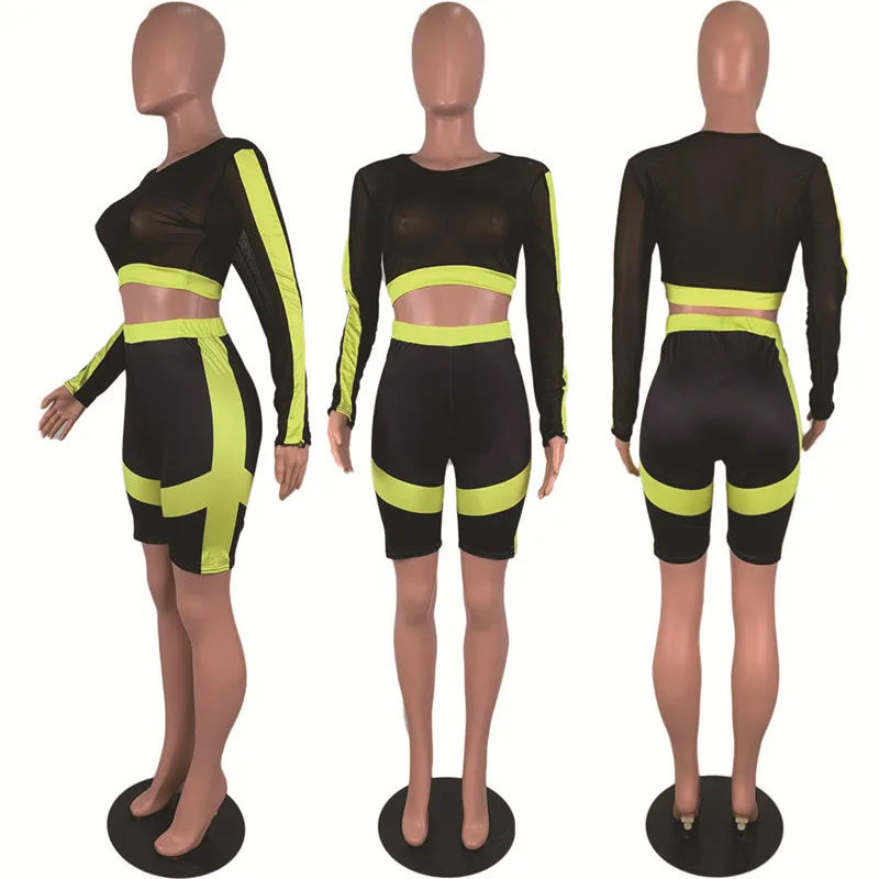 

Color Block Fall 2 Piece Set Women Mesh Sheer Long Sleeve Crop Top + Biker Shorts Sweat Suits Two Piece Outfits Casual Tracksuit