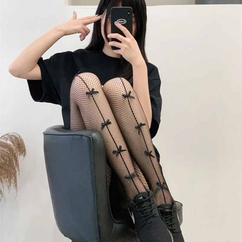 

Sexy Bow Fishnet Tights Women Thin Hollow Out Nylon Stockings Female Lingerie Club Party Hosiery Slim Stockings