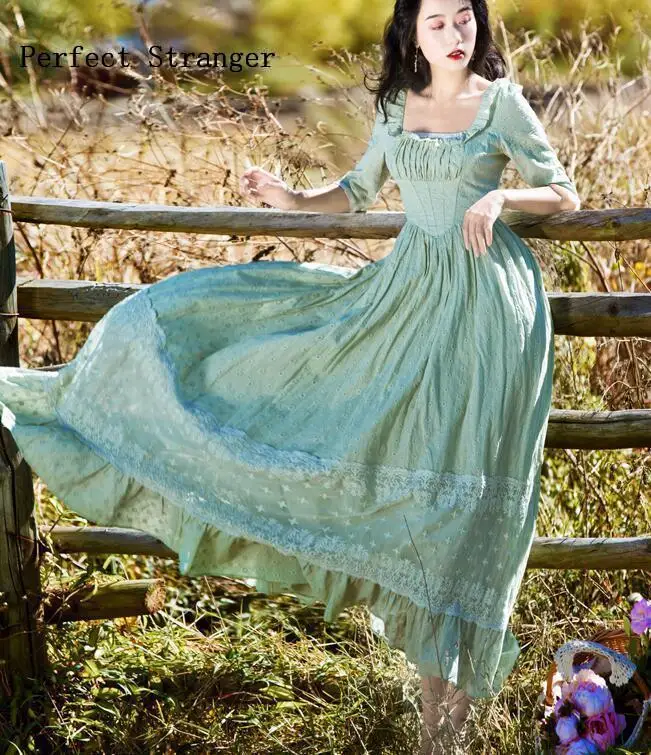 

Elegant Short Sleeve Solid Color Long Lace Cotton Dress High quality 2021Spring Autumn New Arrival Elegant Square Collar